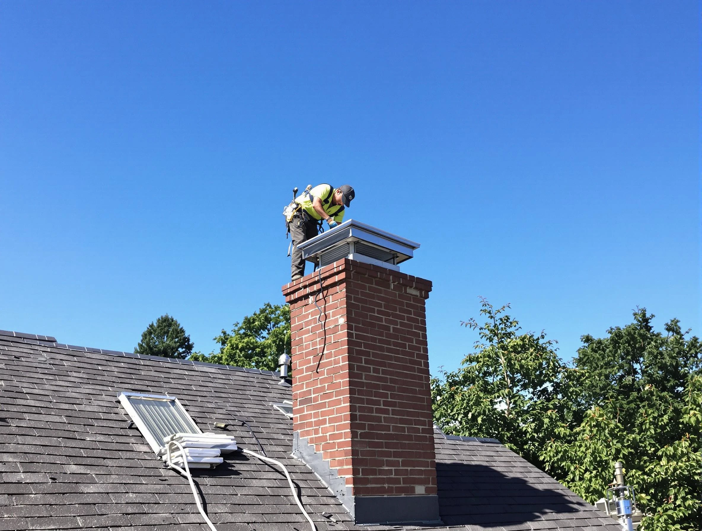West Mifflin Chimney Sweep technician measuring a chimney cap in West Mifflin, PA